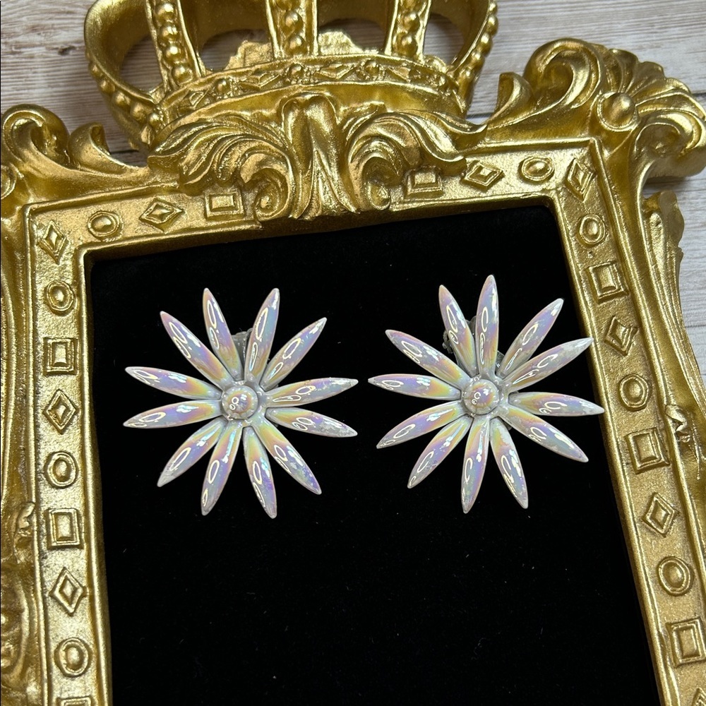 Vintage Tara Iridescent Metal Flower Clip On Earrings